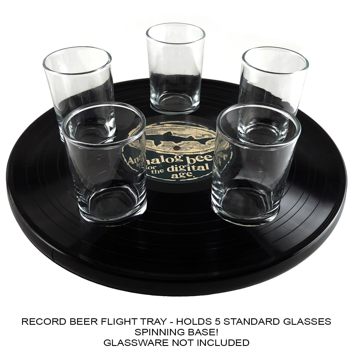 Recycled Vinyl Record Flight Tray W/ Spinning Base (Glassware Not Included)