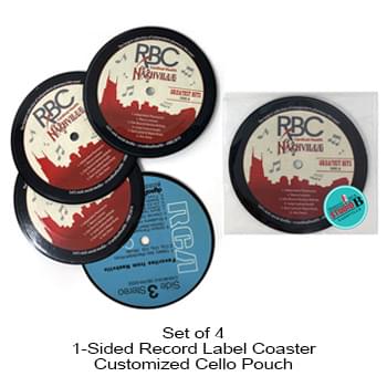 1-Sided Record Label Coasters - Set of 4 - Custom Cello Pouch (Label on Front)