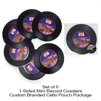 1-Sided Mini Record Coasters - Set of 6 - Custom Cello Pouch (Label on Front)