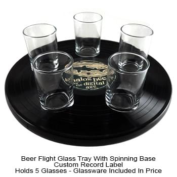 Recycled Vinyl Record Flight Tray w/ Spinning Base (5 5oz. Glasses Included)