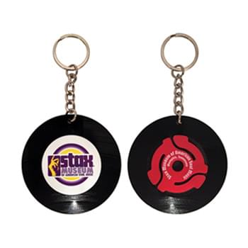Recycled Vinyl Record Key Chain - 2 Sided Imprint - 1 Side Custom Label, 1 Side Custom 45rpm Adapter